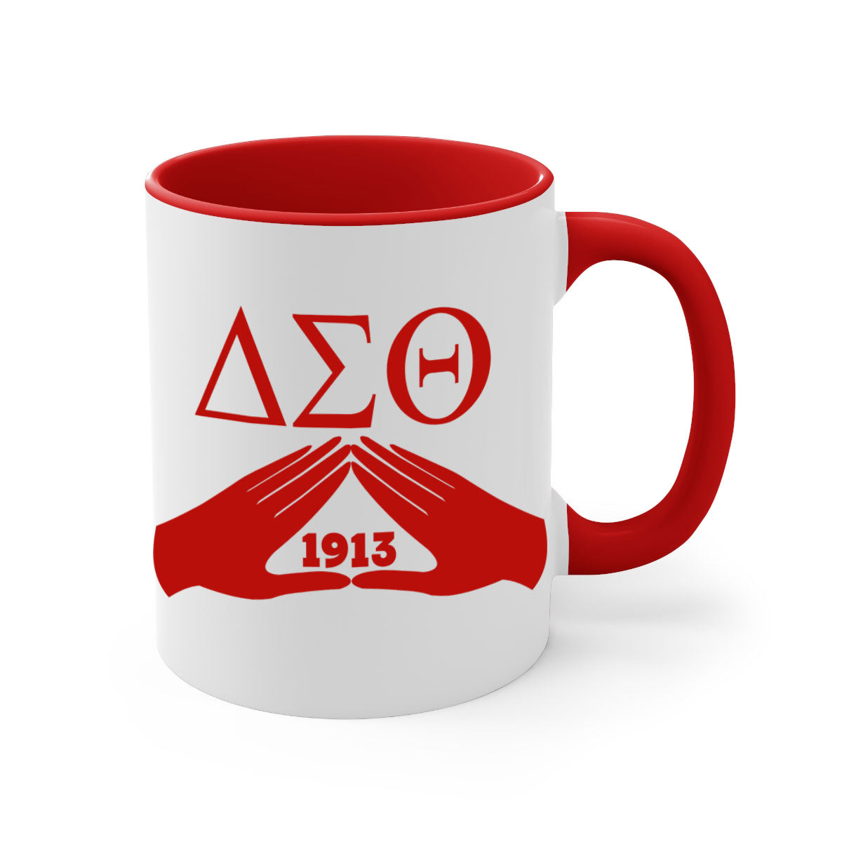 Delta Sigma Theta 8# Mug with black words and phrases, featuring a glossy finish and a colored handle, available in multiple colors.