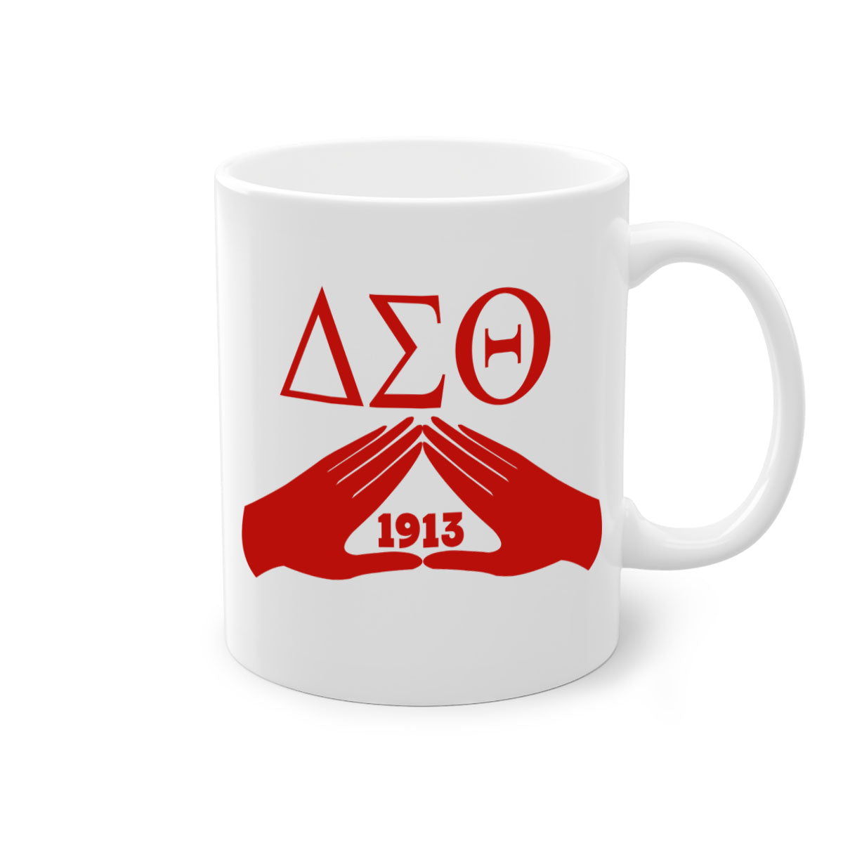 Delta Sigma Theta 8# Mug with black words and phrases, featuring a glossy finish and a colored handle, available in multiple colors.