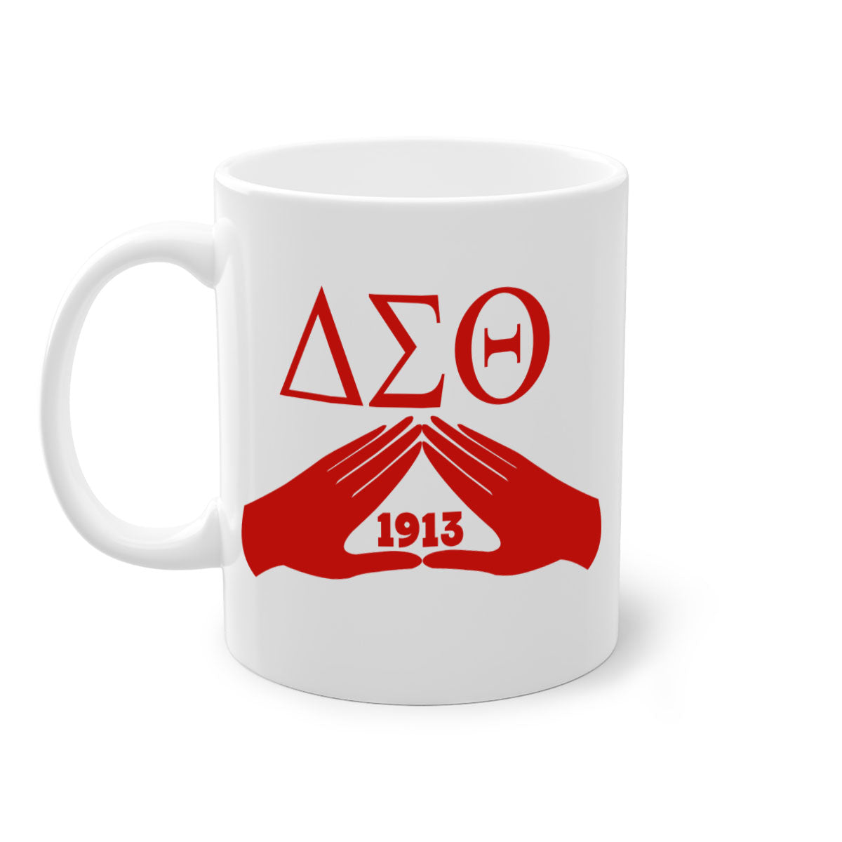 Delta Sigma Theta 8# Mug with black words and phrases, featuring a glossy finish and a colored handle, available in multiple colors.