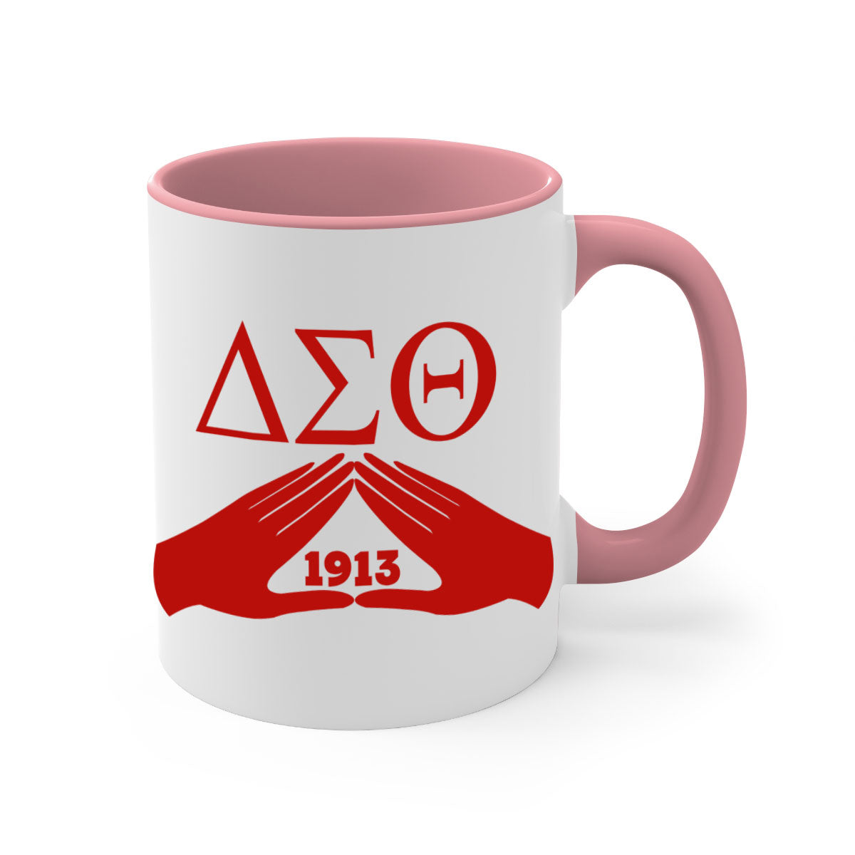 Delta Sigma Theta 8# Mug with black words and phrases, featuring a glossy finish and a colored handle, available in multiple colors.