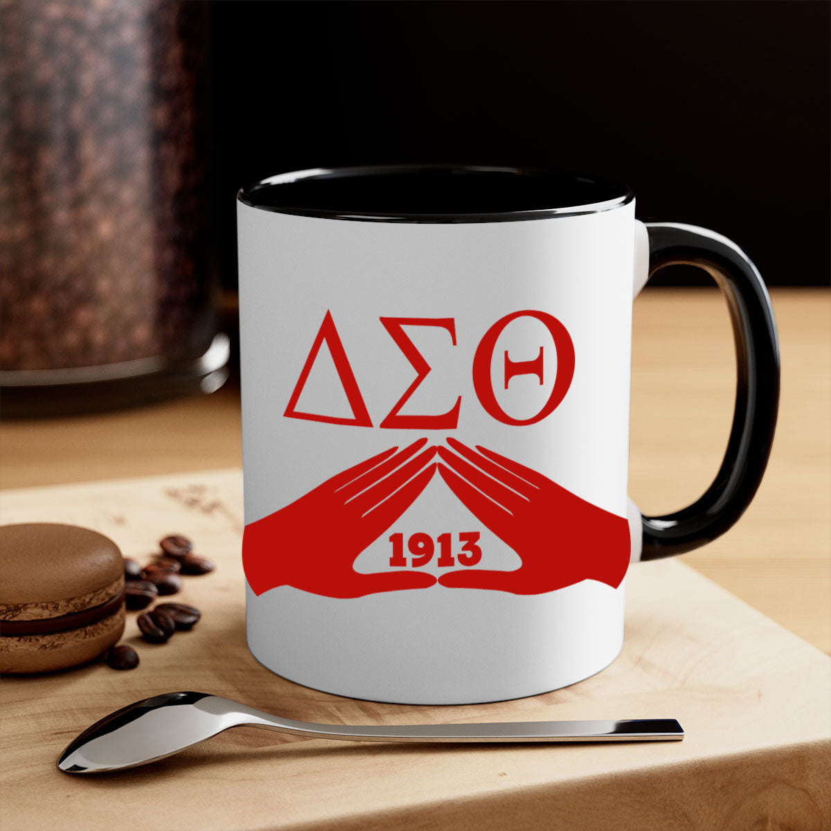 Delta Sigma Theta 8# Mug with black words and phrases, featuring a glossy finish and a colored handle, available in multiple colors.