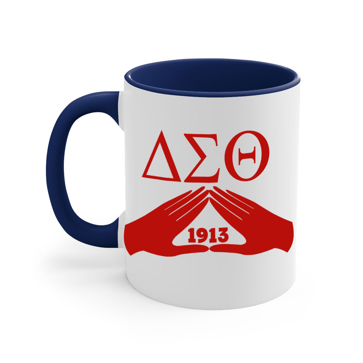 Delta Sigma Theta 8# Mug with black words and phrases, featuring a glossy finish and a colored handle, available in multiple colors.