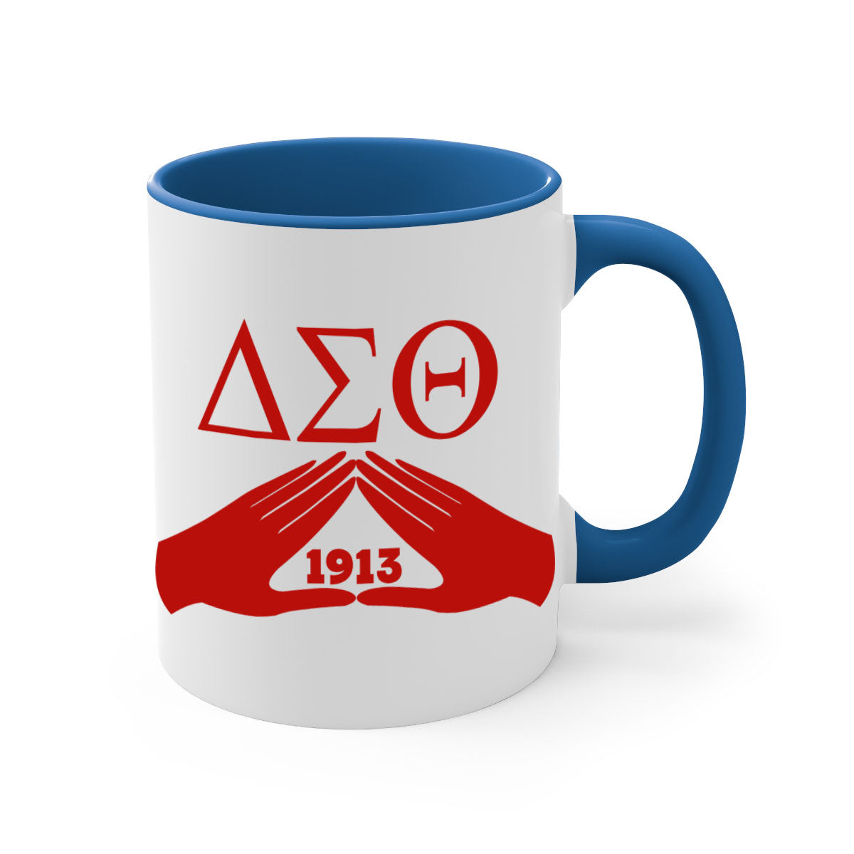 Delta Sigma Theta 8# Mug with black words and phrases, featuring a glossy finish and a colored handle, available in multiple colors.