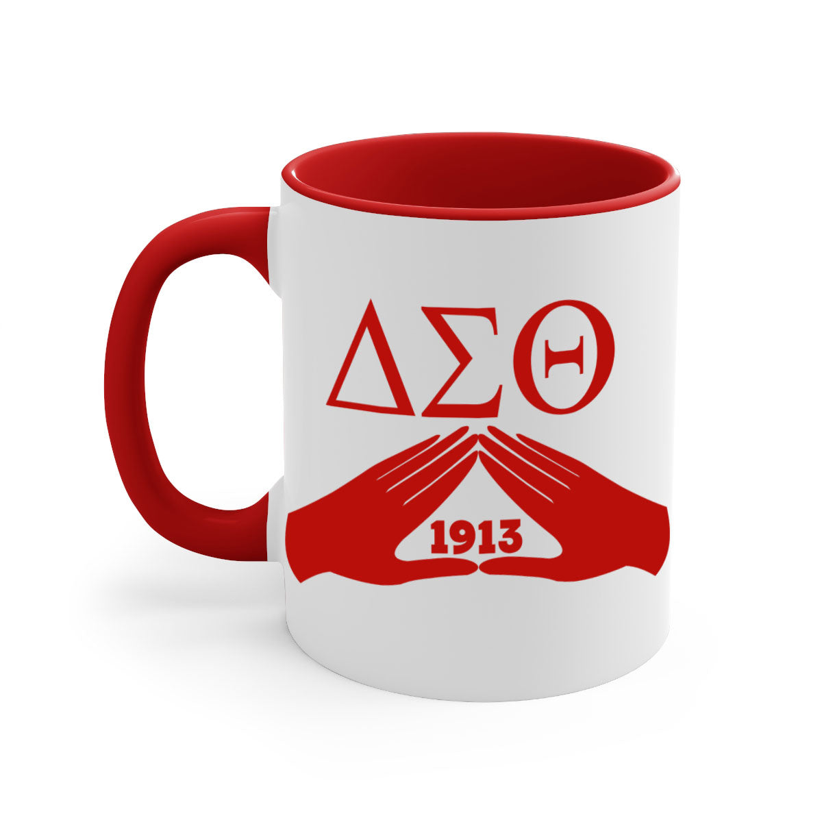Delta Sigma Theta 8# Mug with black words and phrases, featuring a glossy finish and a colored handle, available in multiple colors.