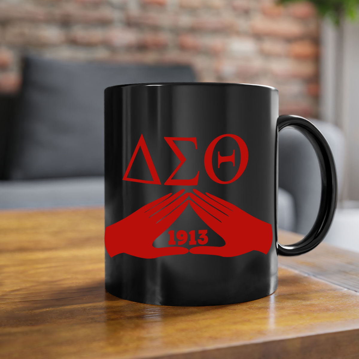Delta Sigma Theta 8# Mug with black words and phrases, featuring a glossy finish and a colored handle, available in multiple colors.