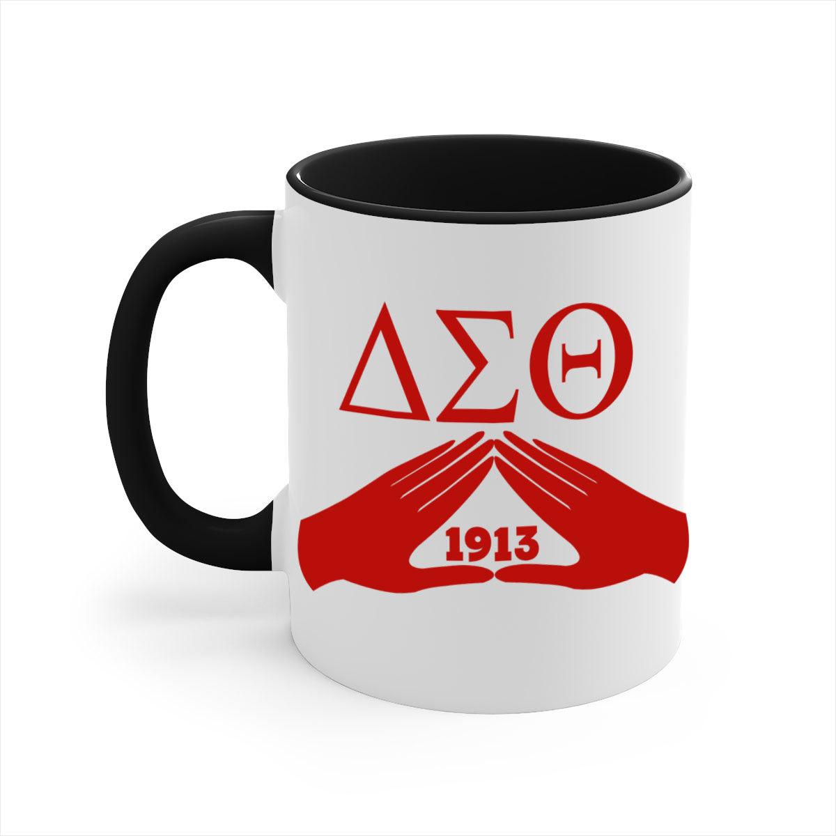 Delta Sigma Theta 8# Mug with black words and phrases, featuring a glossy finish and a colored handle, available in multiple colors.