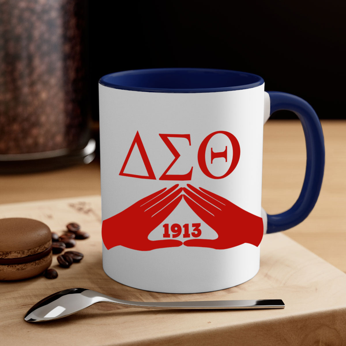 Delta Sigma Theta 8# Mug with black words and phrases, featuring a glossy finish and a colored handle, available in multiple colors.
