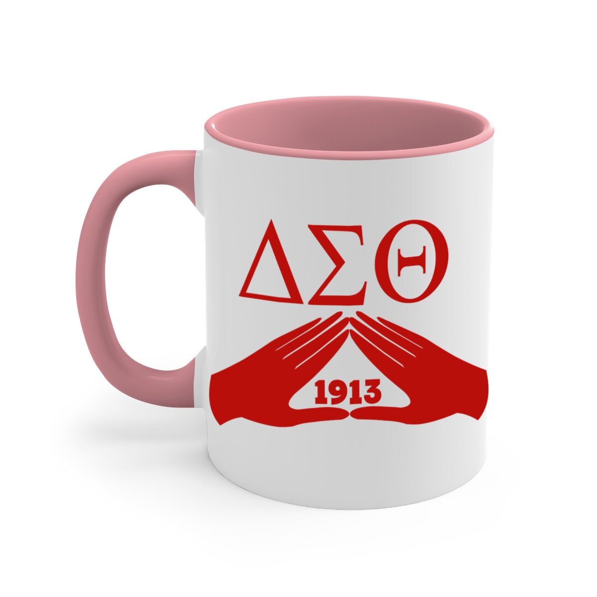 Delta Sigma Theta 8# Mug with black words and phrases, featuring a glossy finish and a colored handle, available in multiple colors.