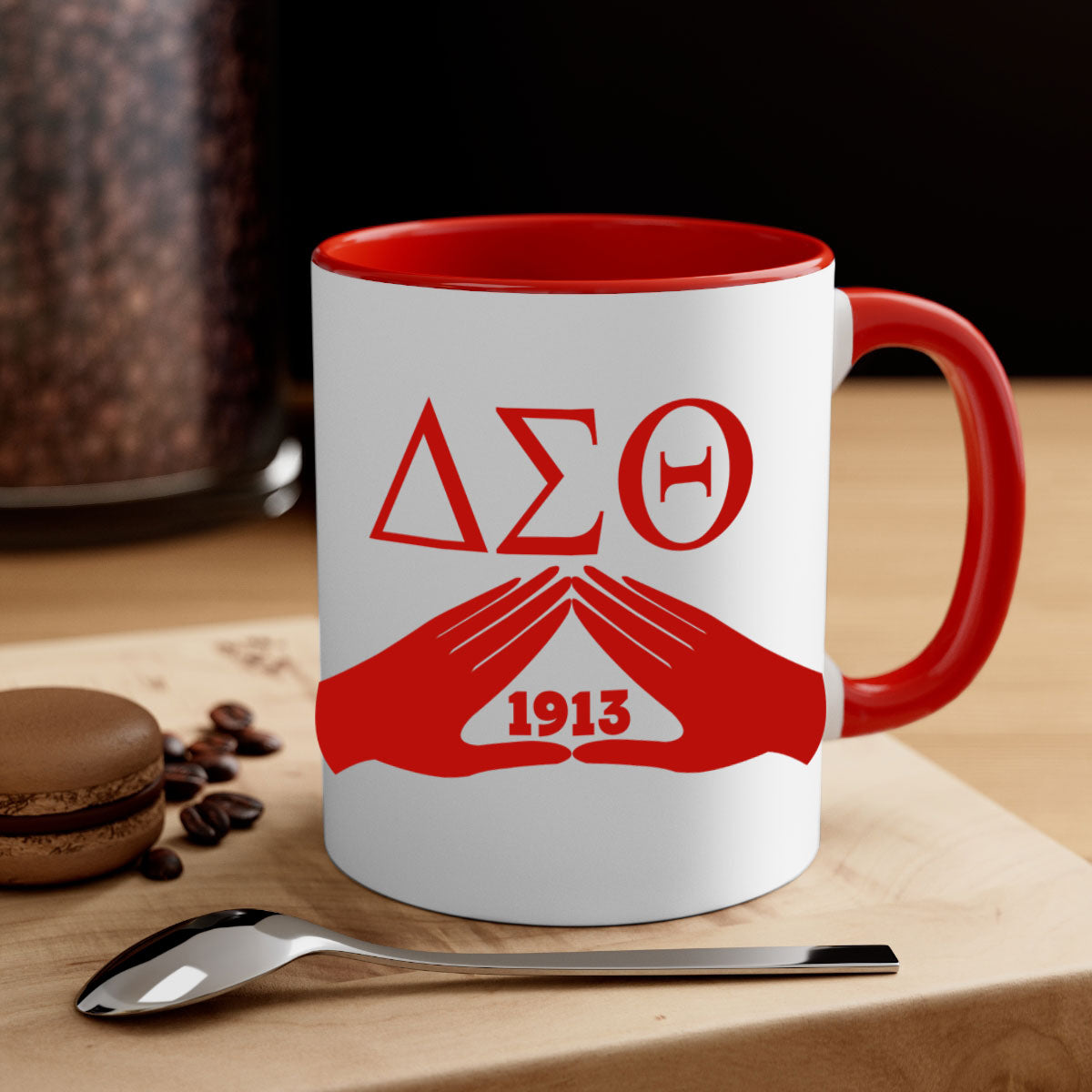 Delta Sigma Theta 8# Mug with black words and phrases, featuring a glossy finish and a colored handle, available in multiple colors.