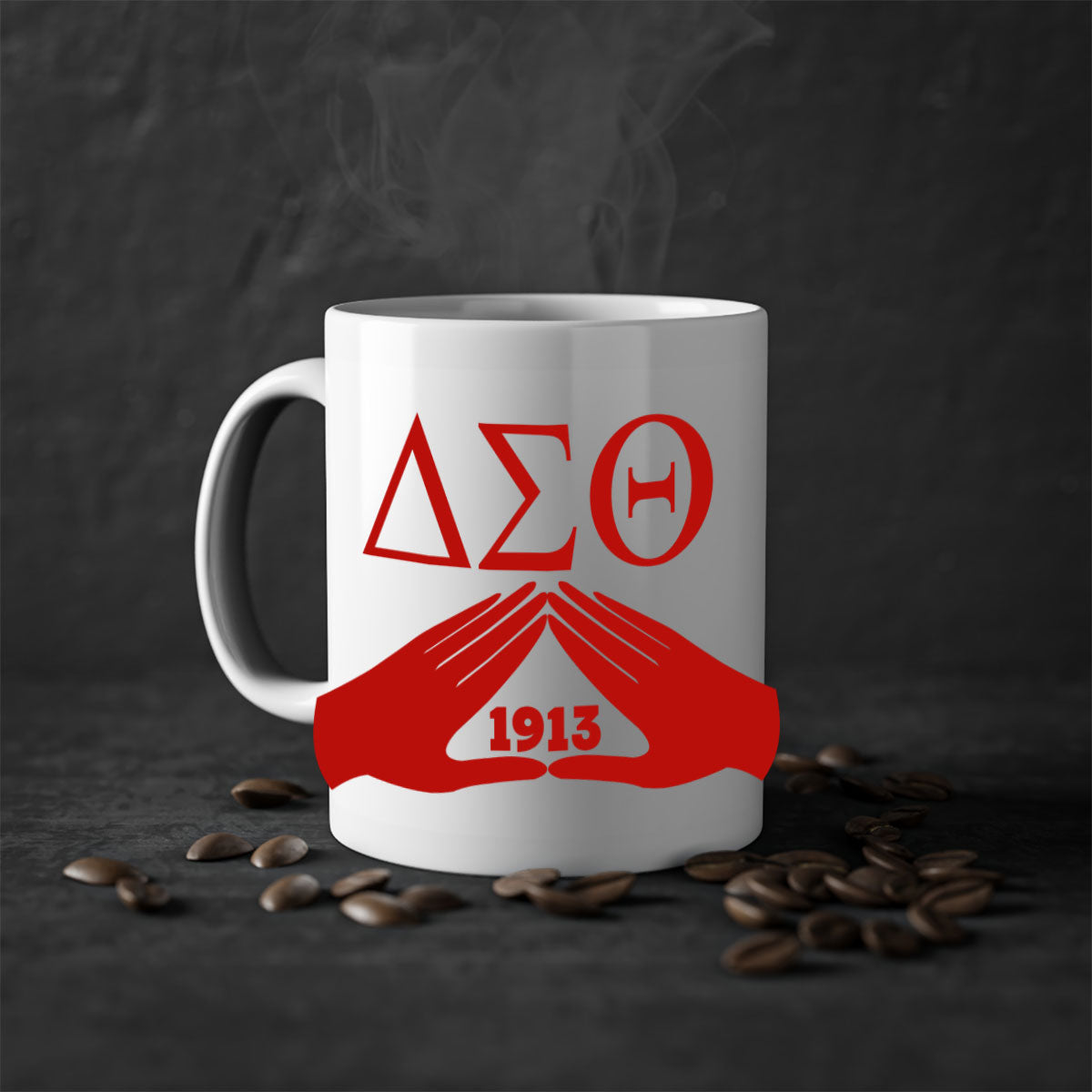Delta Sigma Theta 8# Mug with black words and phrases, featuring a glossy finish and a colored handle, available in multiple colors.