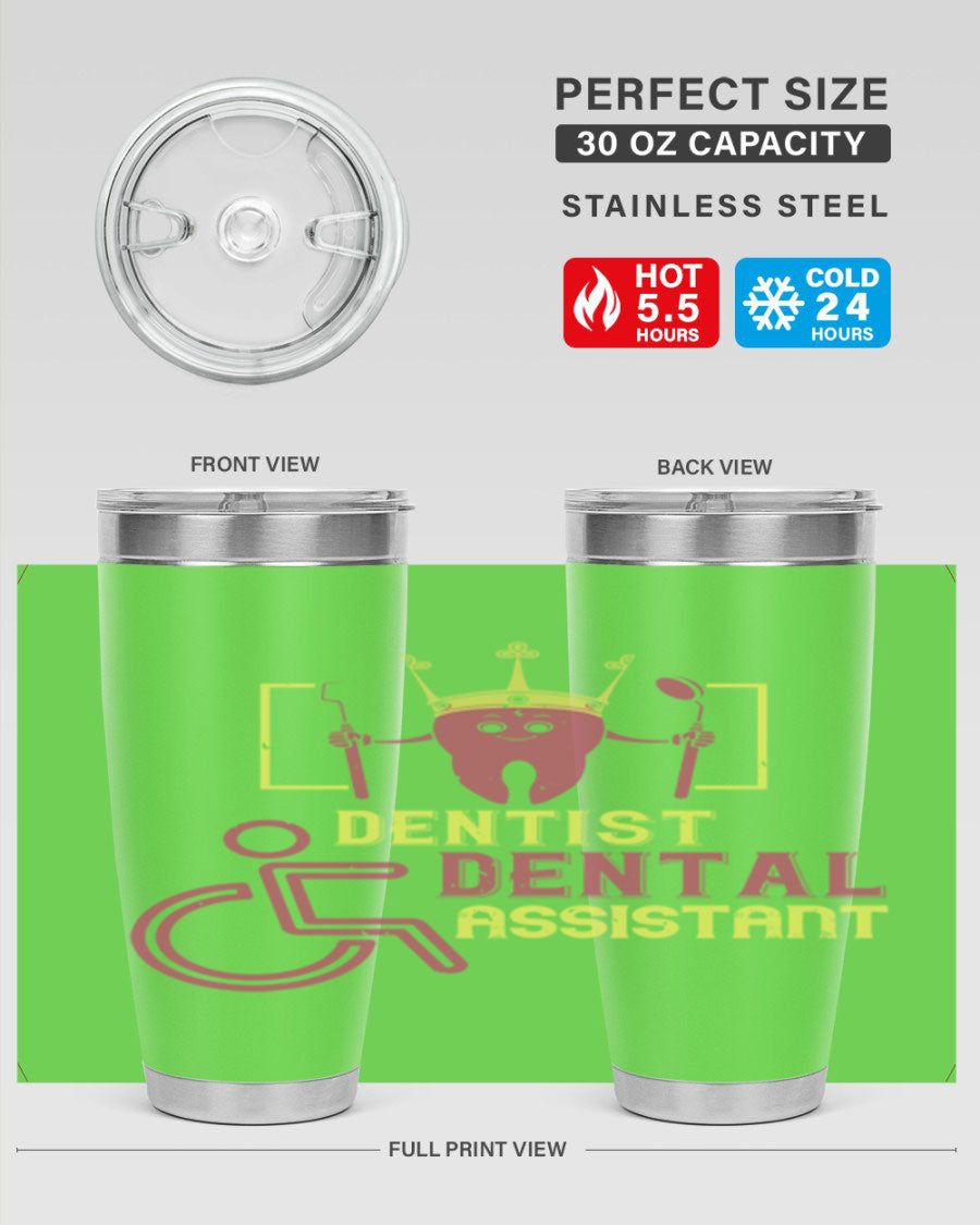 Dentist Dental Assistant Style 47# tumbler in stainless steel with a drink-thru lid, showcasing its sleek design and double wall insulation.