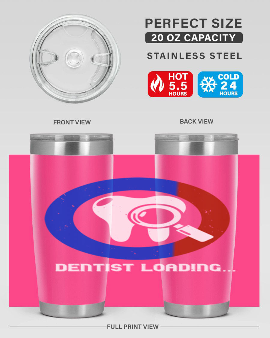 Dentist Loading Style 45# tumbler in stainless steel with a humorous dental design, perfect for hot and cold beverages.