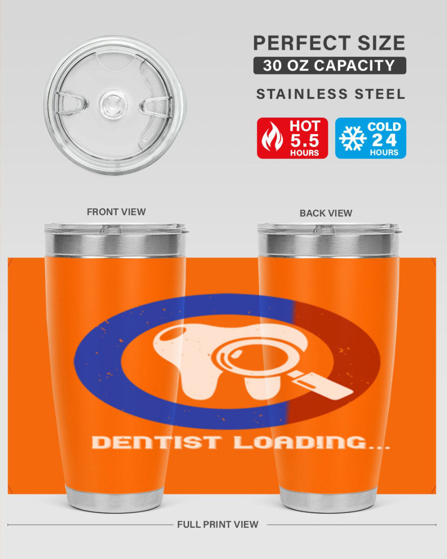 Dentist Loading Style 45# tumbler in stainless steel with a humorous dental design, perfect for hot and cold beverages.
