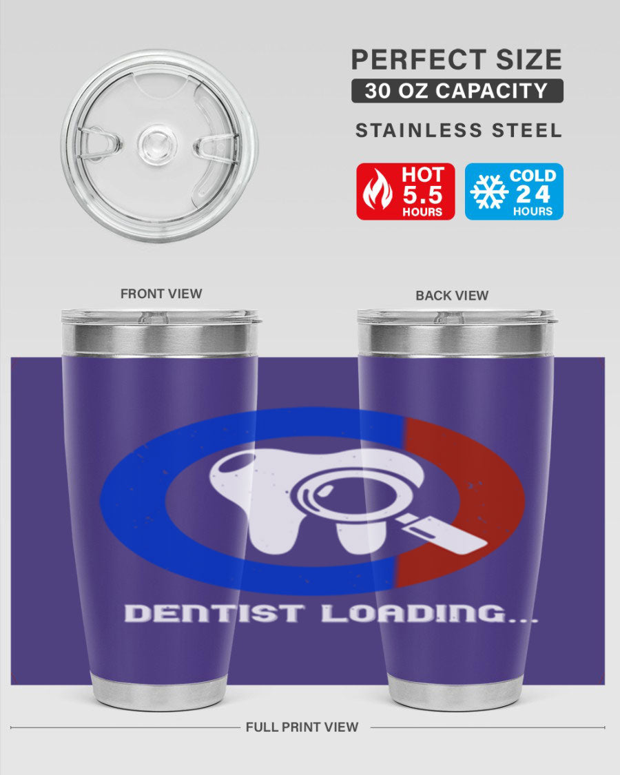 Dentist Loading Style 45# tumbler in stainless steel with a humorous dental design, perfect for hot and cold beverages.