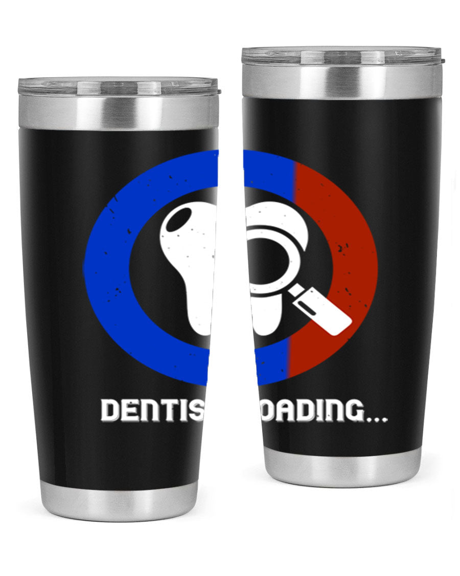 Dentist Loading Style 45# tumbler in stainless steel with a humorous dental design, perfect for hot and cold beverages.