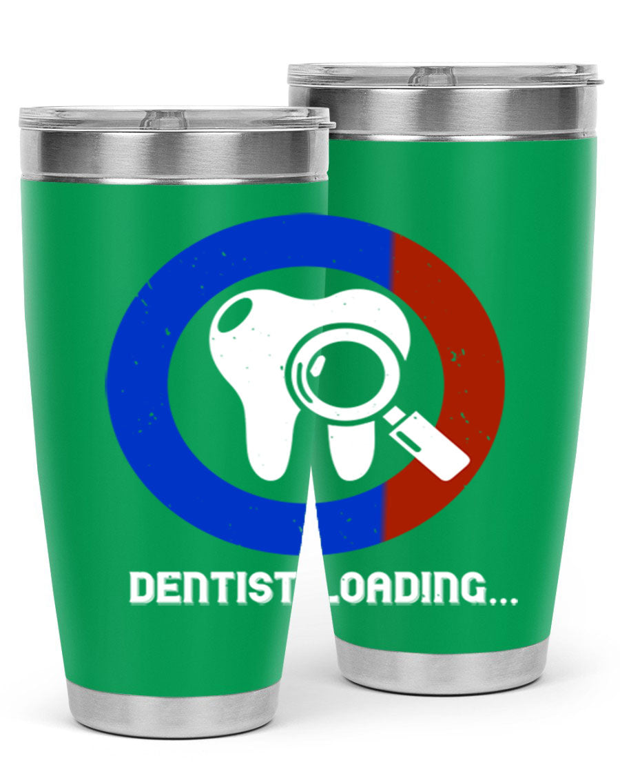 Dentist Loading Style 45# tumbler in stainless steel with a humorous dental design, perfect for hot and cold beverages.
