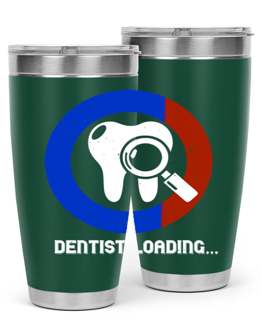 Dentist Loading Style 45# tumbler in stainless steel with a humorous dental design, perfect for hot and cold beverages.