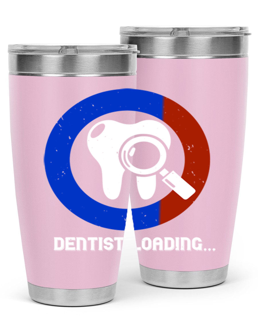 Dentist Loading Style 45# tumbler in stainless steel with a humorous dental design, perfect for hot and cold beverages.