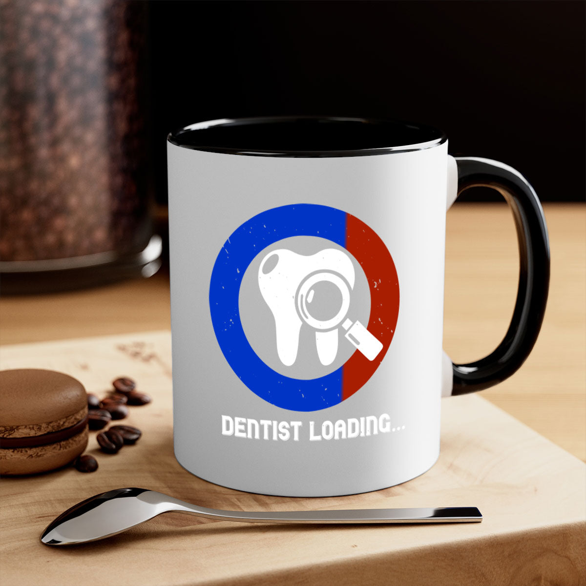 Dentist loading Style 45# Mug with colorful handle and glossy finish, available in multiple colors and sizes.