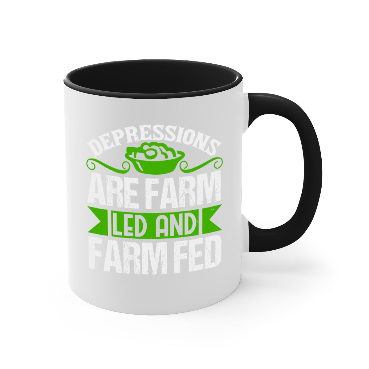 Depression are farm led and farmed 25# Mug featuring a two-tone design with a colored handle and interior, available in multiple colors.