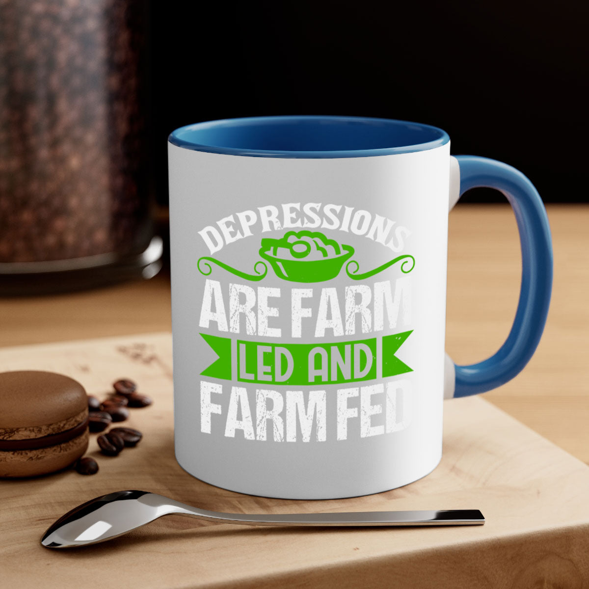 Depression are farm led and farmed 25# Mug featuring a two-tone design with a colored handle and interior, available in multiple colors.