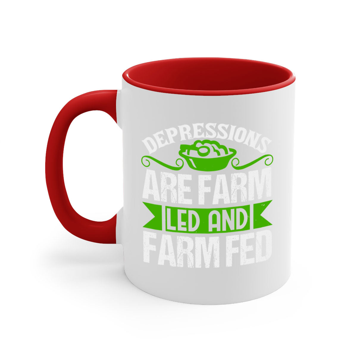Depression are farm led and farmed 25# Mug featuring a two-tone design with a colored handle and interior, available in multiple colors.