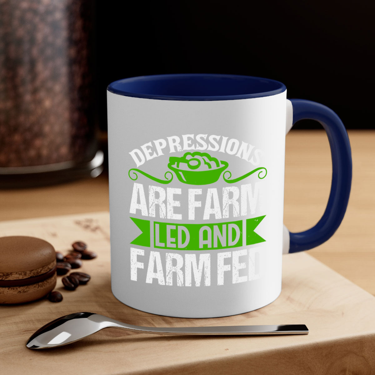 Depression are farm led and farmed 25# Mug featuring a two-tone design with a colored handle and interior, available in multiple colors.