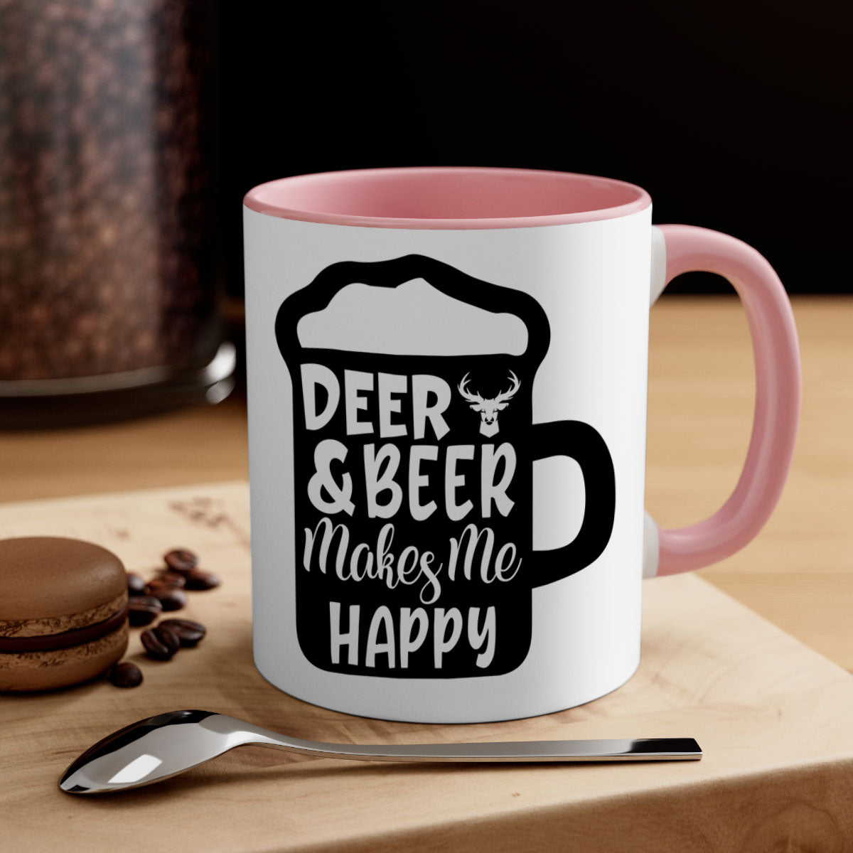 Ceramic coffee mug featuring a deer and beer design with a glossy finish and colored handle.