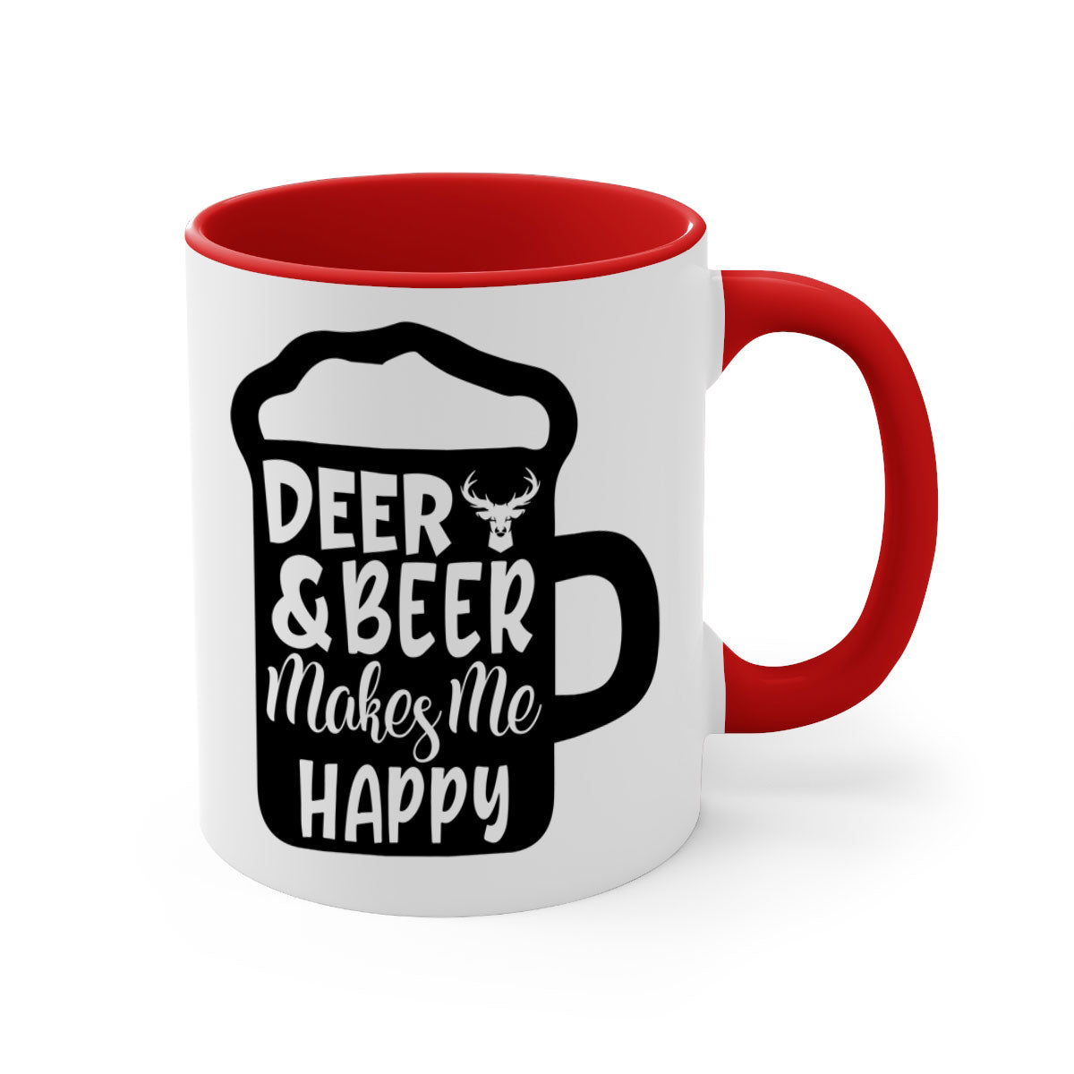 Ceramic coffee mug featuring a deer and beer design with a glossy finish and colored handle.