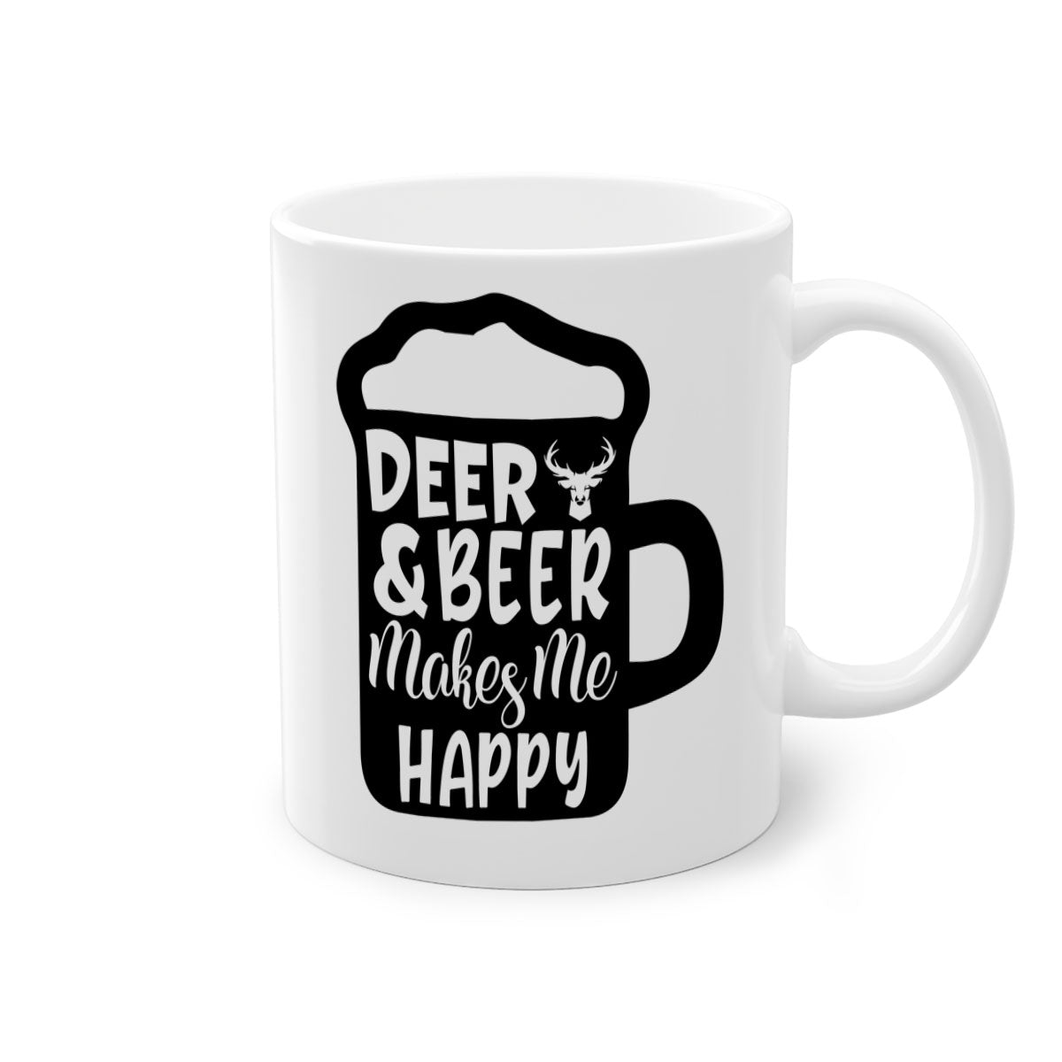 Ceramic coffee mug featuring a deer and beer design with a glossy finish and colored handle.