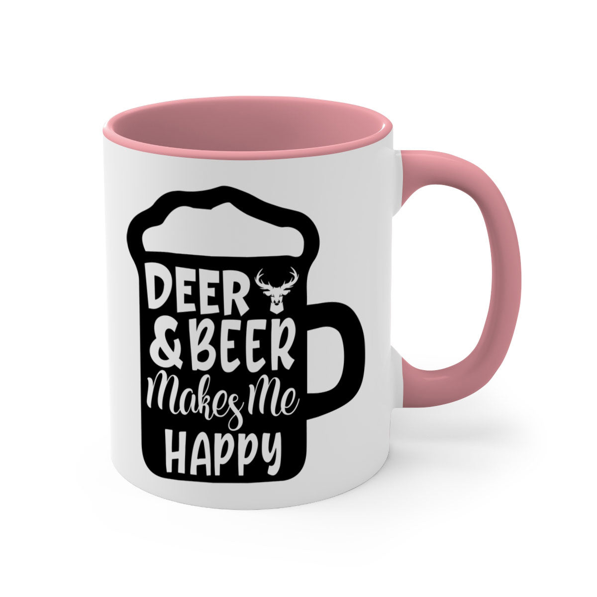 Ceramic coffee mug featuring a deer and beer design with a glossy finish and colored handle.