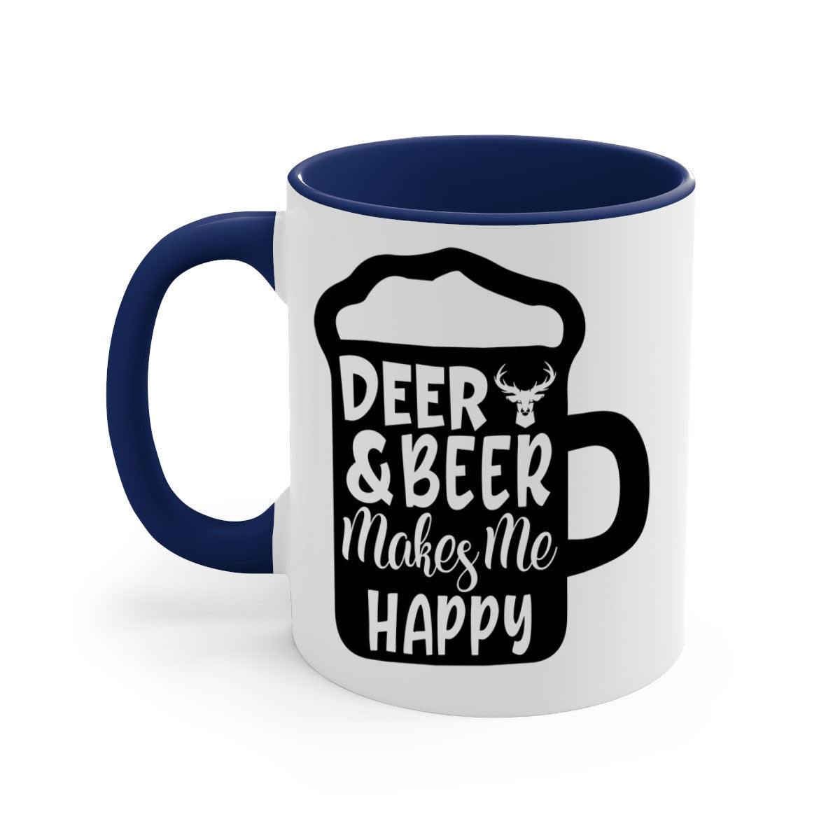 Ceramic coffee mug featuring a deer and beer design with a glossy finish and colored handle.