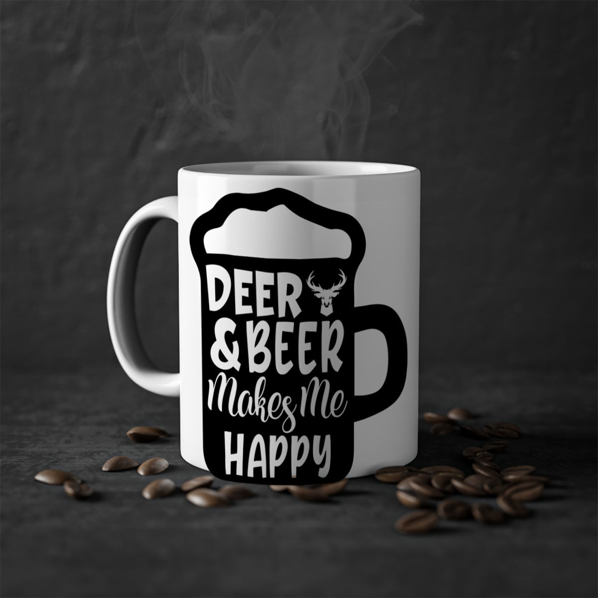 Ceramic coffee mug featuring a deer and beer design with a glossy finish and colored handle.