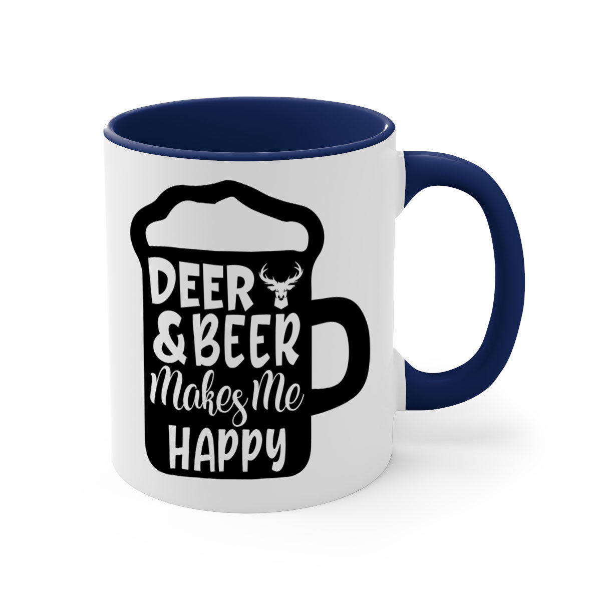 Ceramic coffee mug featuring a deer and beer design with a glossy finish and colored handle.