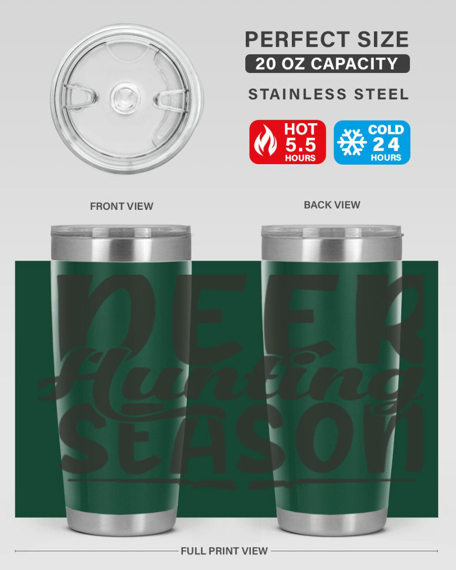 20oz Deer Hunting Season tumbler made of stainless steel with a drink-thru lid, featuring a vibrant hunting-themed design.