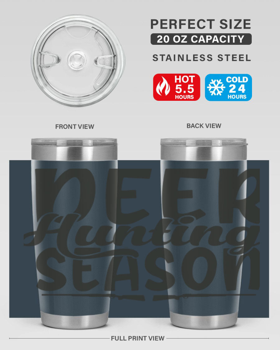 20oz Deer Hunting Season tumbler made of stainless steel with a drink-thru lid, featuring a vibrant hunting-themed design.