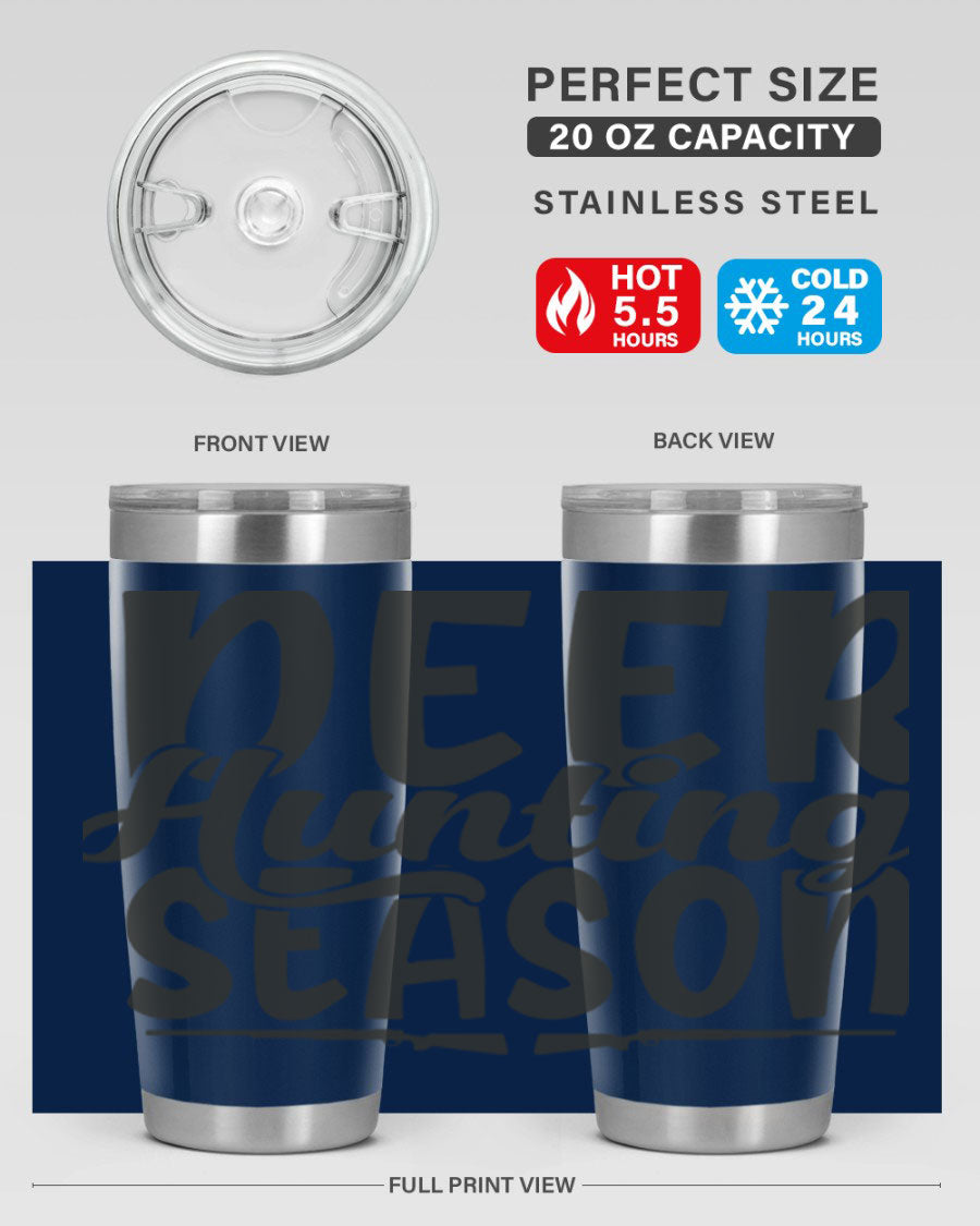 20oz Deer Hunting Season tumbler made of stainless steel with a drink-thru lid, featuring a vibrant hunting-themed design.