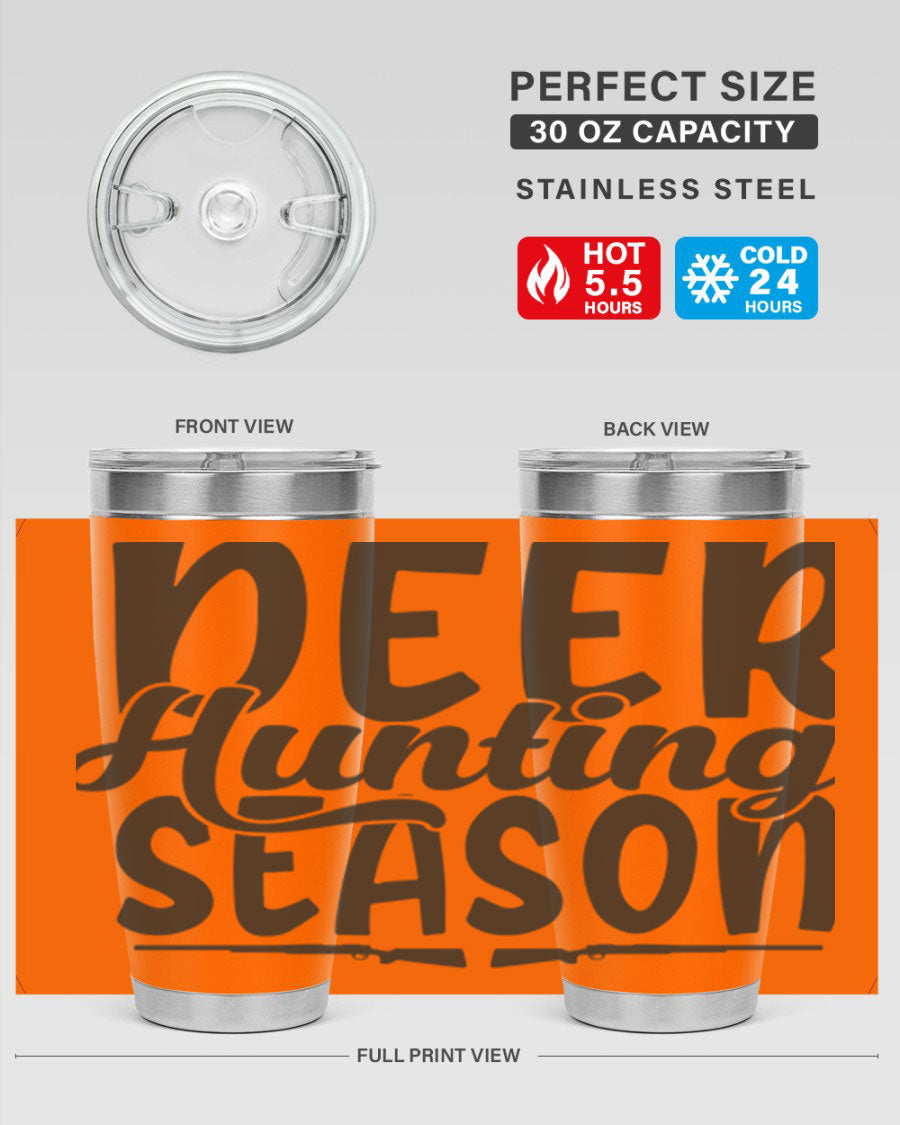 20oz Deer Hunting Season tumbler made of stainless steel with a drink-thru lid, featuring a vibrant hunting-themed design.