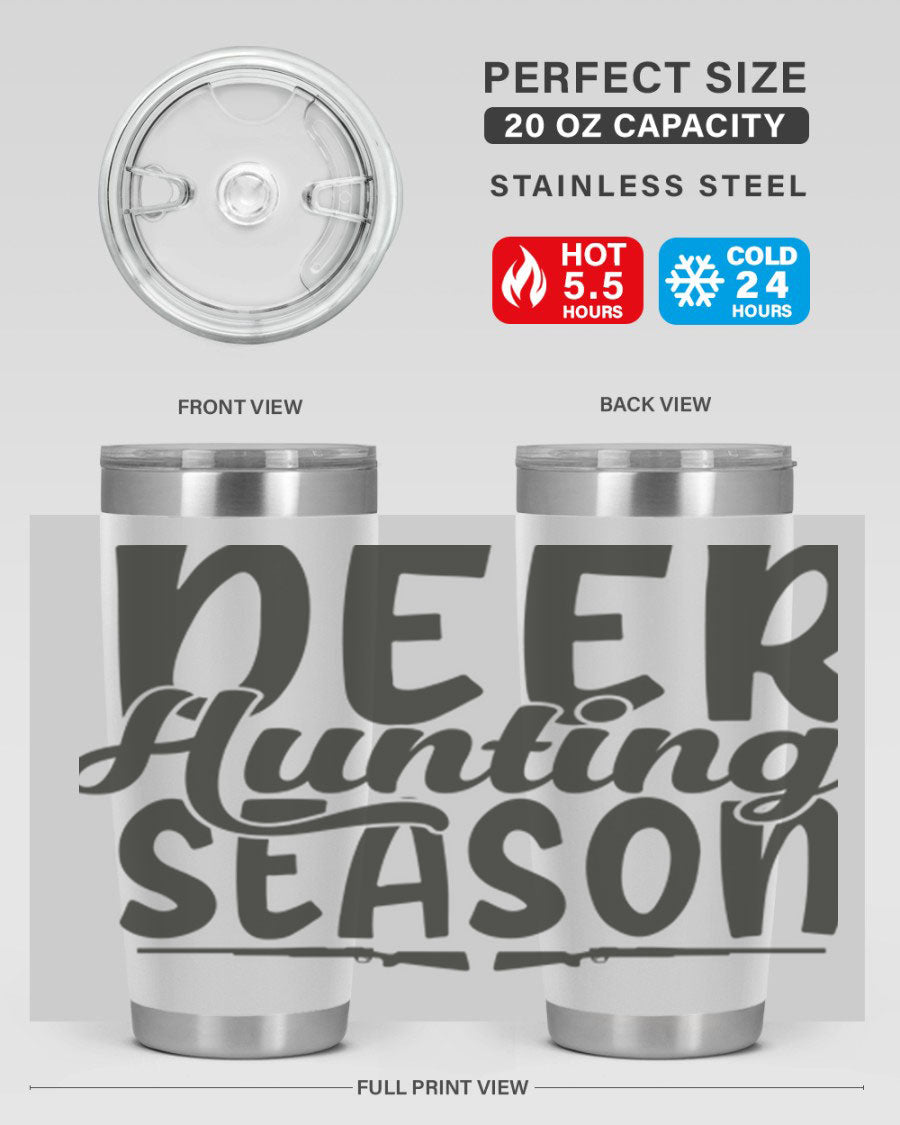 20oz Deer Hunting Season tumbler made of stainless steel with a drink-thru lid, featuring a vibrant hunting-themed design.