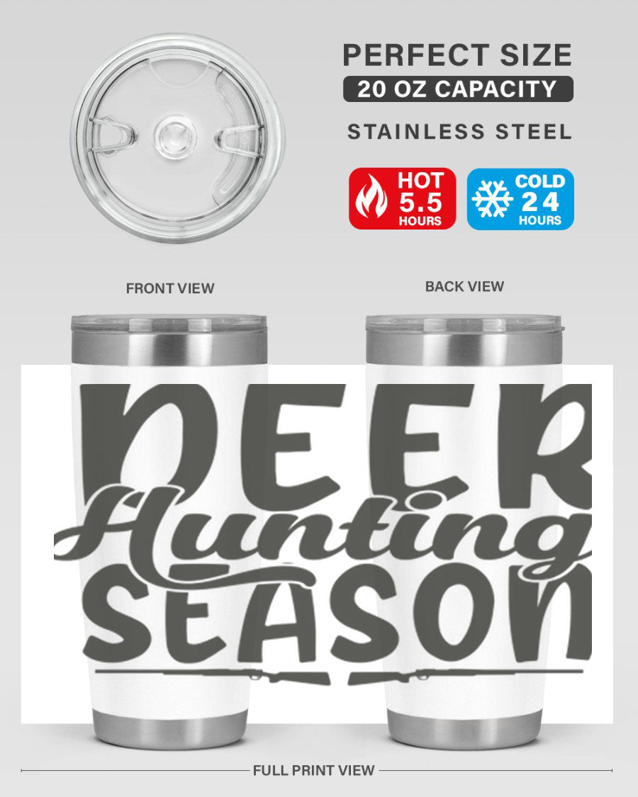 20oz Deer Hunting Season tumbler made of stainless steel with a drink-thru lid, featuring a vibrant hunting-themed design.