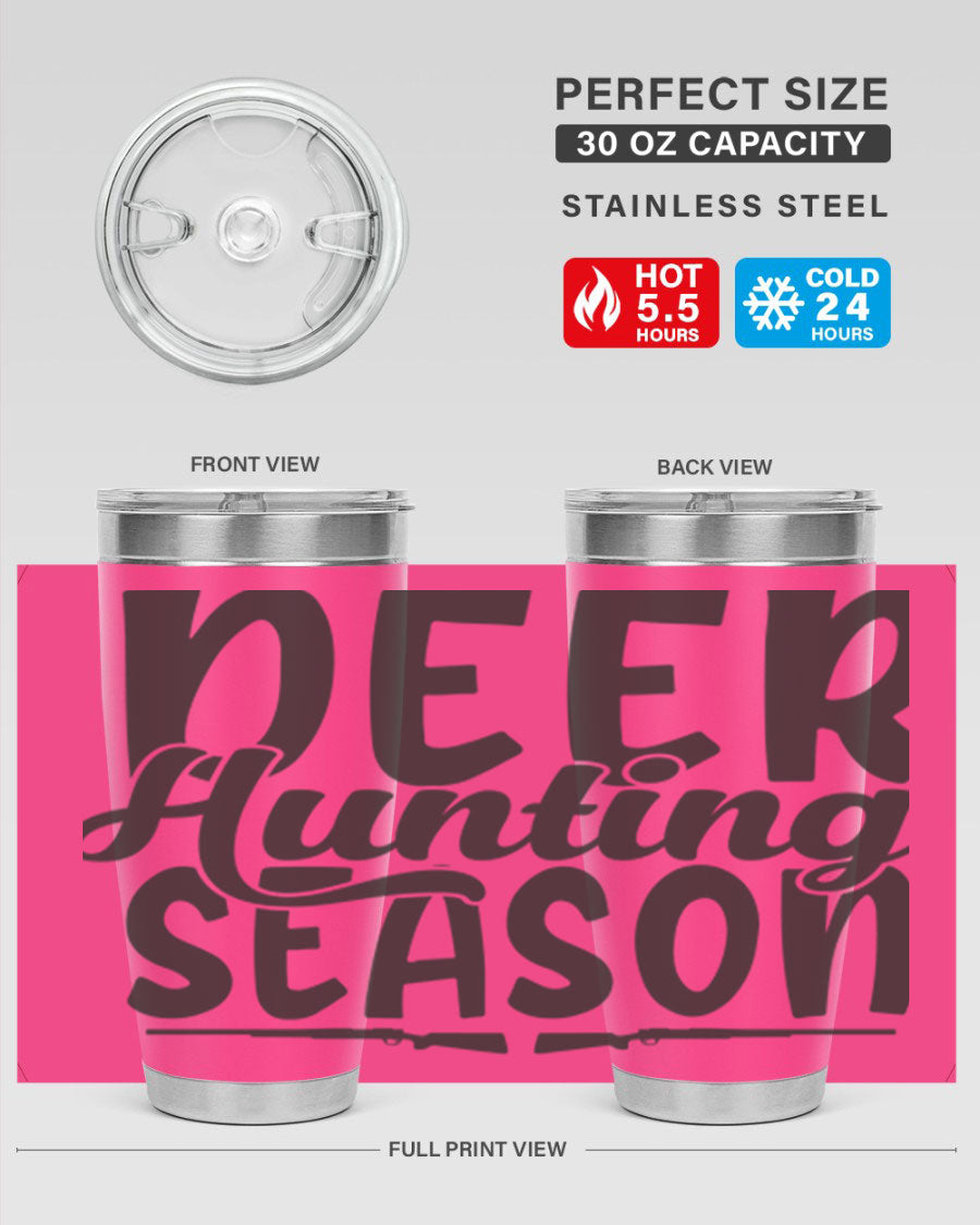 20oz Deer Hunting Season tumbler made of stainless steel with a drink-thru lid, featuring a vibrant hunting-themed design.