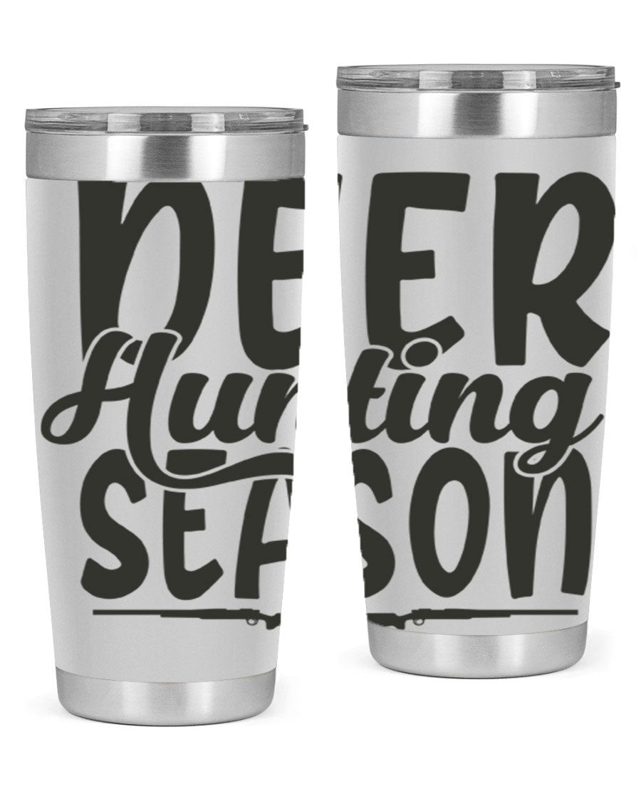 20oz Deer Hunting Season tumbler made of stainless steel with a drink-thru lid, featuring a vibrant hunting-themed design.