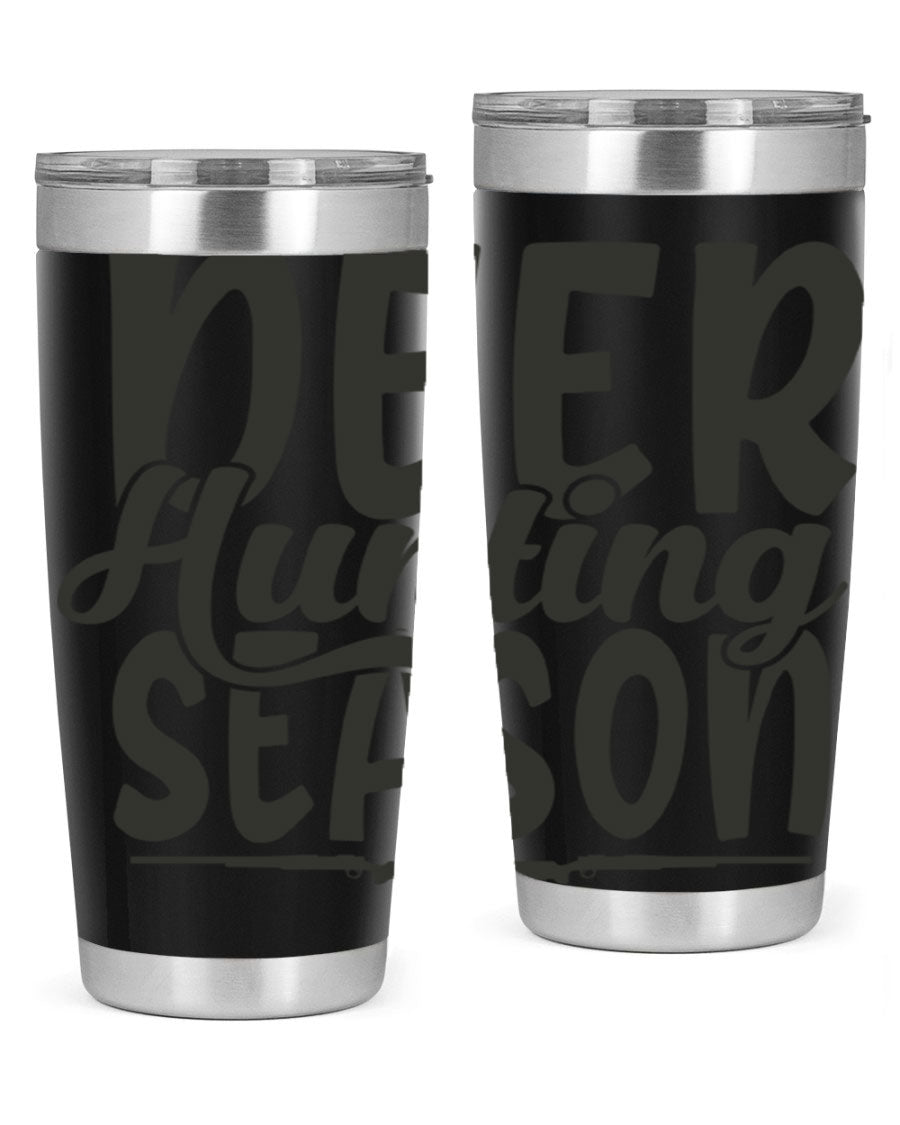 20oz Deer Hunting Season tumbler made of stainless steel with a drink-thru lid, featuring a vibrant hunting-themed design.