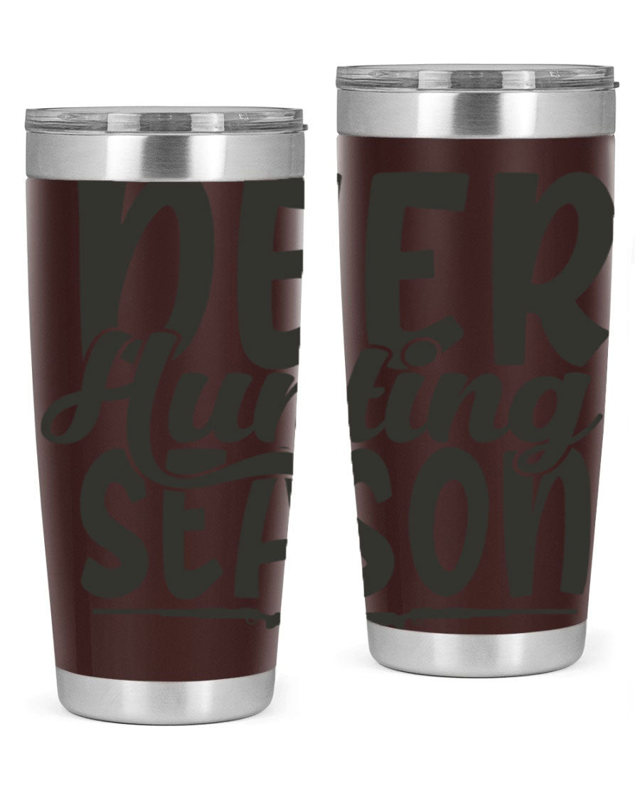 20oz Deer Hunting Season tumbler made of stainless steel with a drink-thru lid, featuring a vibrant hunting-themed design.