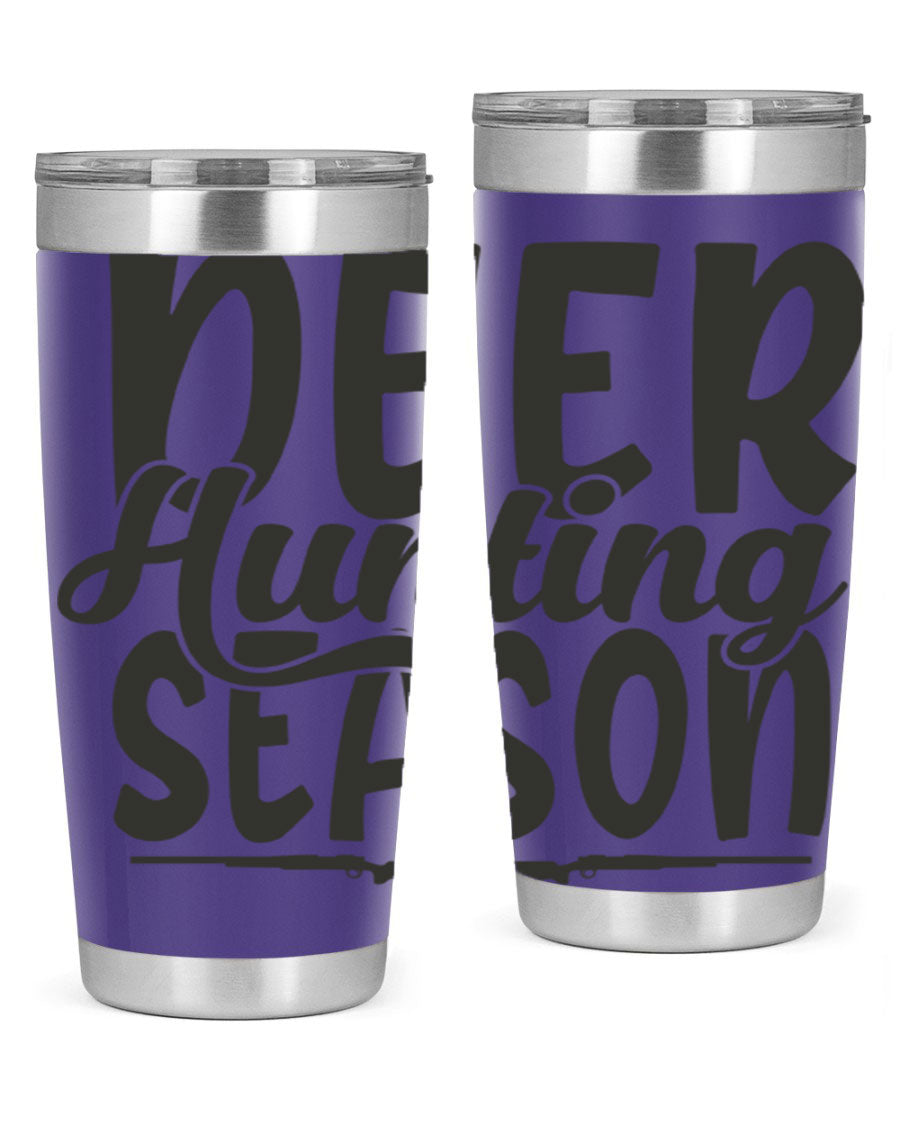 20oz Deer Hunting Season tumbler made of stainless steel with a drink-thru lid, featuring a vibrant hunting-themed design.