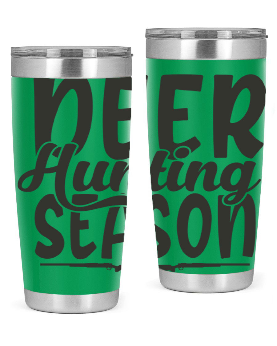 20oz Deer Hunting Season tumbler made of stainless steel with a drink-thru lid, featuring a vibrant hunting-themed design.