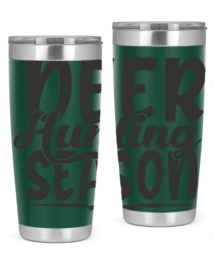 20oz Deer Hunting Season tumbler made of stainless steel with a drink-thru lid, featuring a vibrant hunting-themed design.