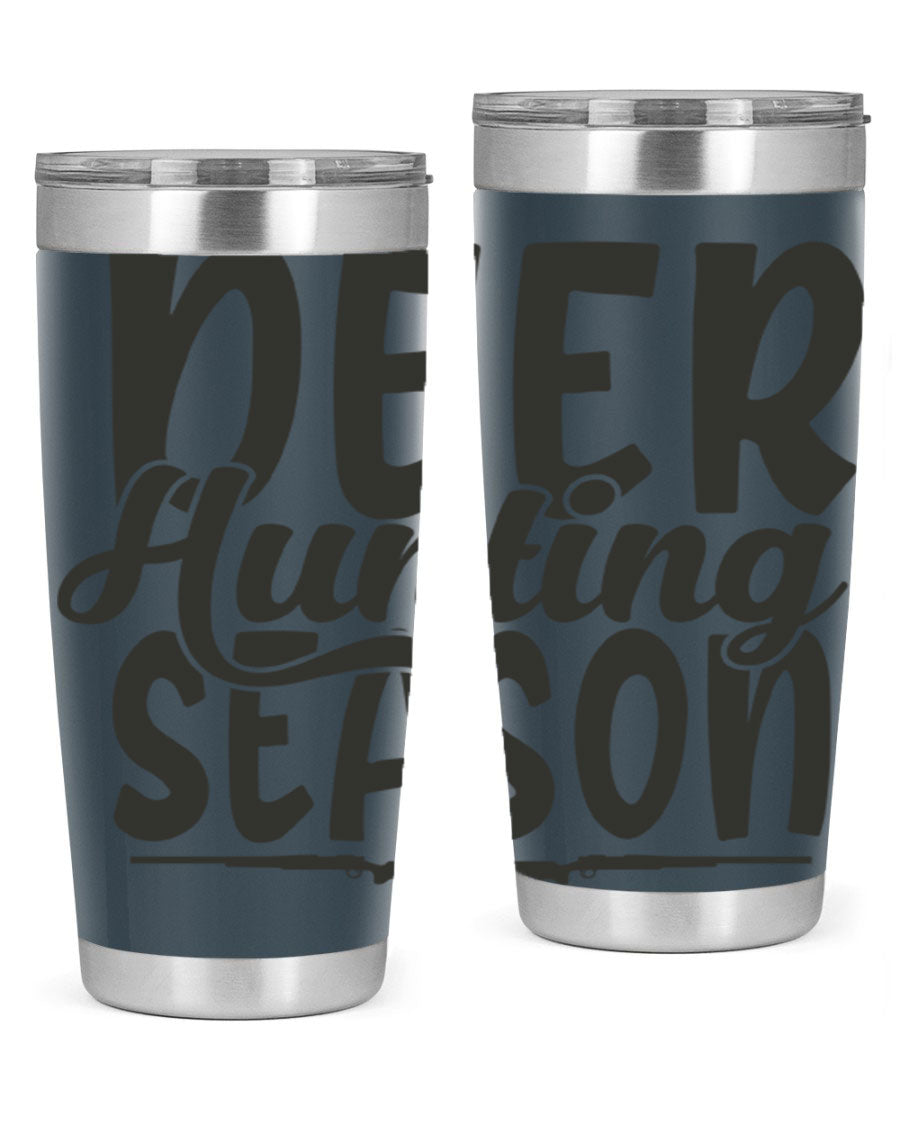 20oz Deer Hunting Season tumbler made of stainless steel with a drink-thru lid, featuring a vibrant hunting-themed design.