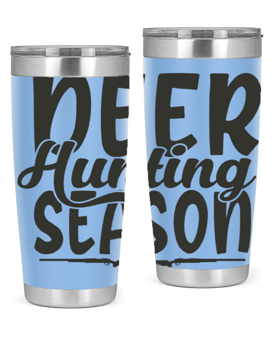 20oz Deer Hunting Season tumbler made of stainless steel with a drink-thru lid, featuring a vibrant hunting-themed design.