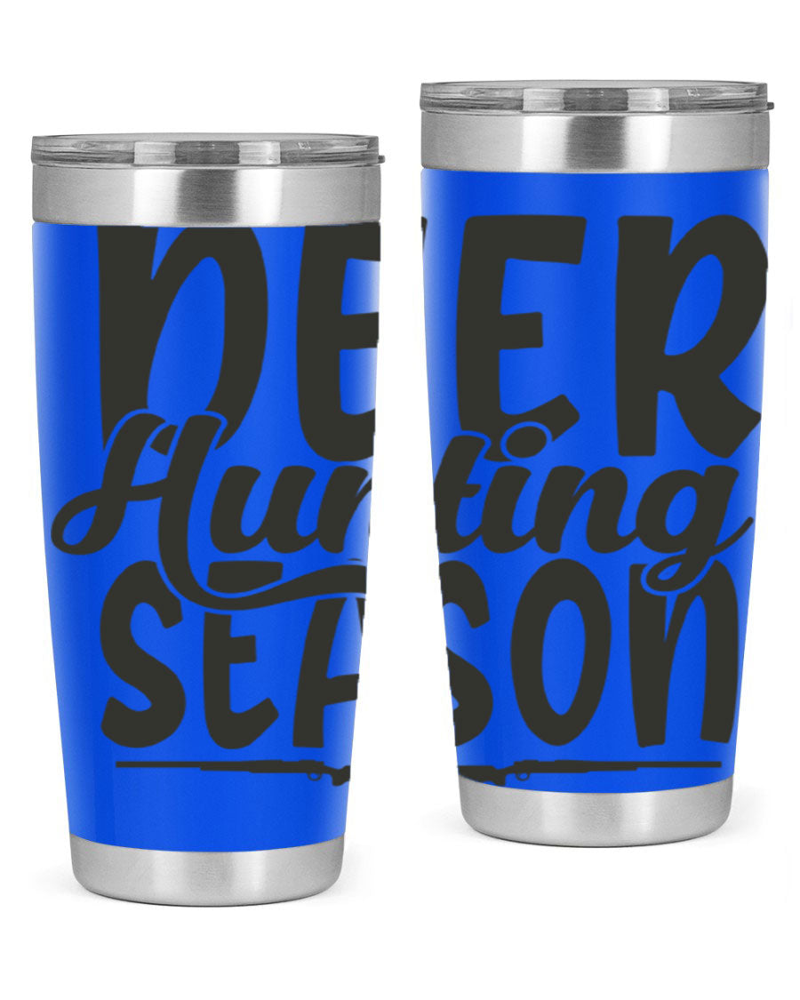 20oz Deer Hunting Season tumbler made of stainless steel with a drink-thru lid, featuring a vibrant hunting-themed design.